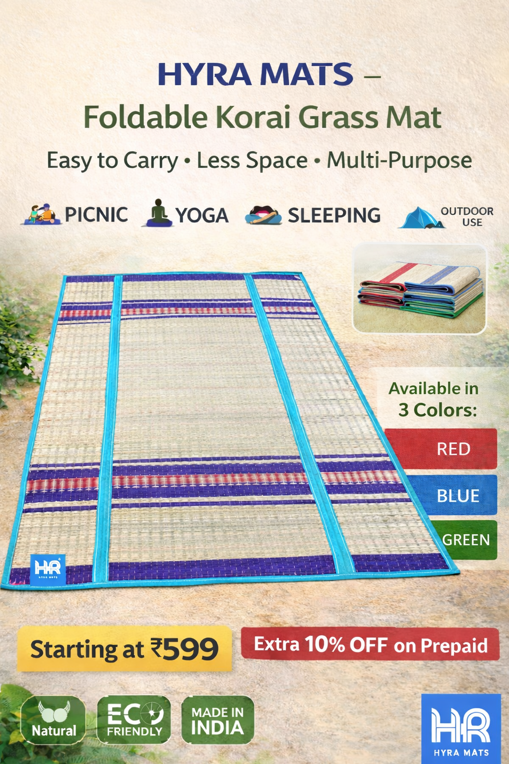 Korai Grass Foldable Mat 3×6 ft | Easy to Carry, Multi-Purpose