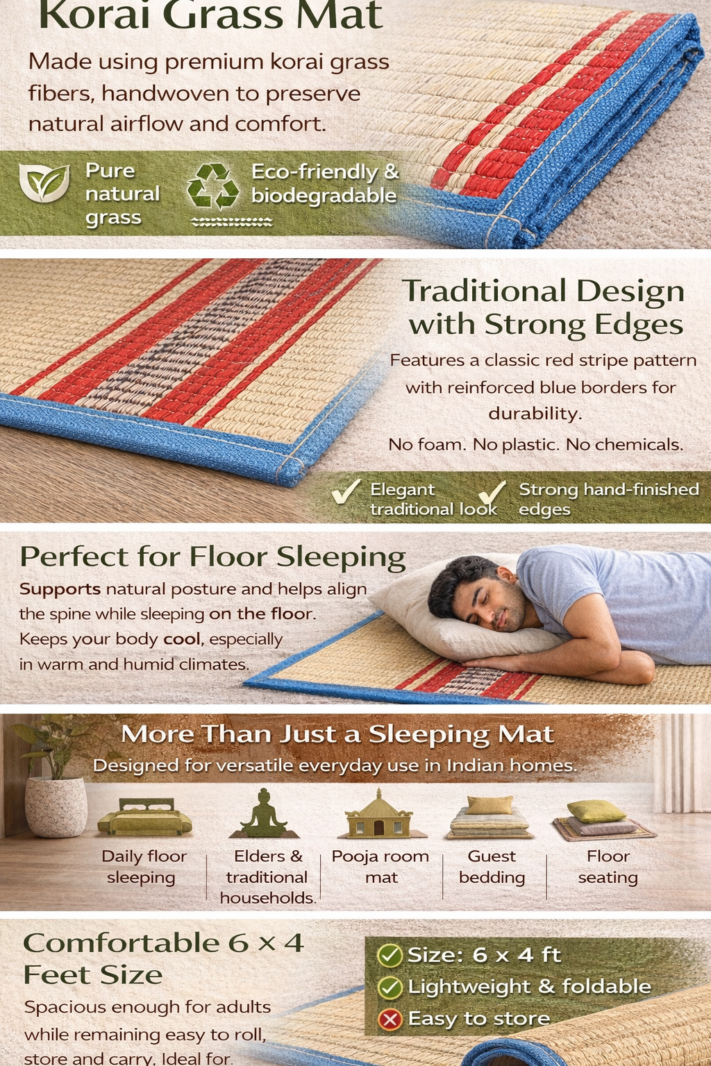 Korai Grass Sleeping Mat (6×4 ft) – Natural Floor Sleeping Chatai RED colour